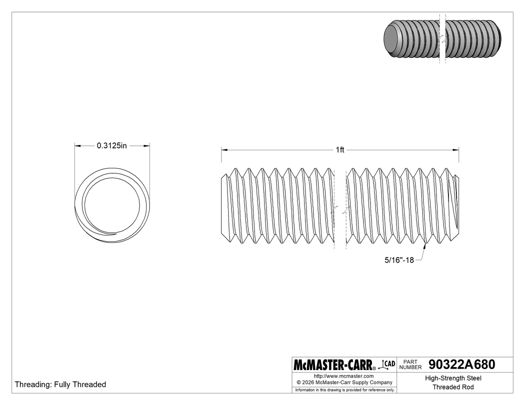 Technical Drawing of High-Strength Steel Threaded Rod, 5/16"-18 Thread Size, 1 Foot Long.